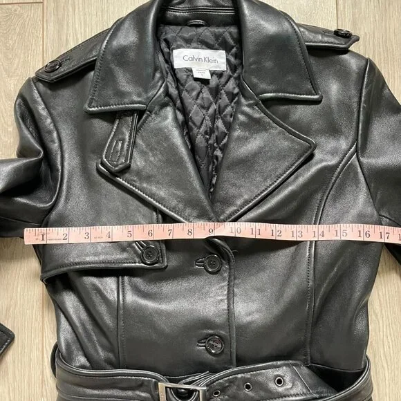Calvin Klein Genuine Leather Trench Coat Women Small Black Classic Elegant Retro - Picture 13 of 15